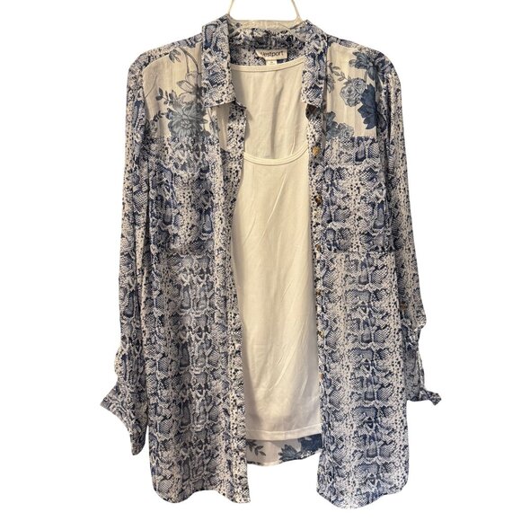 Westport blouse Sz 1X Blue/White Floral Snake Print Button-Up Shirt With Inner T - Picture 1 of 12